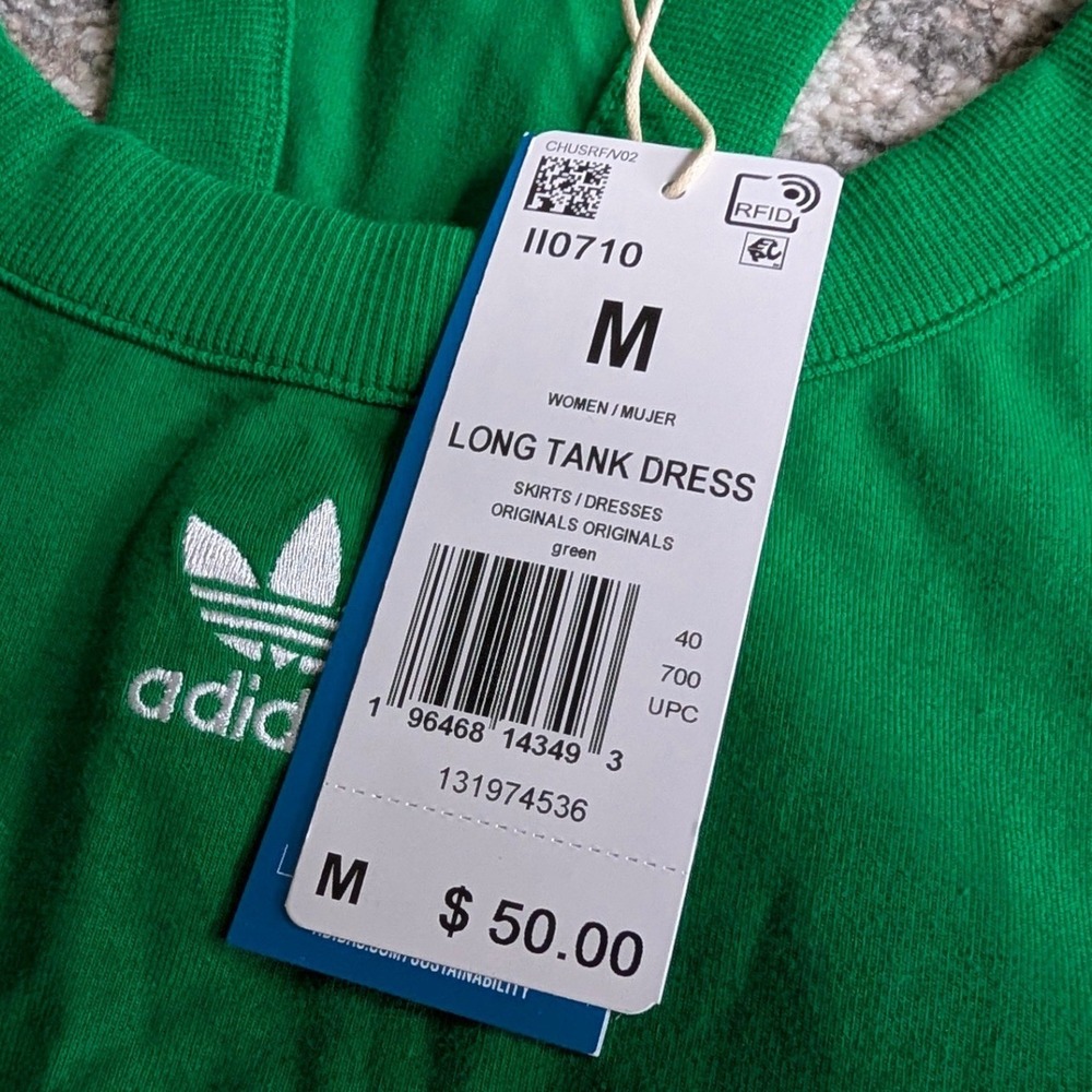 Adidas Originals Long Tank Dress Green White 3-Stripe Racerback Midi Size M - Picture 7 of 8